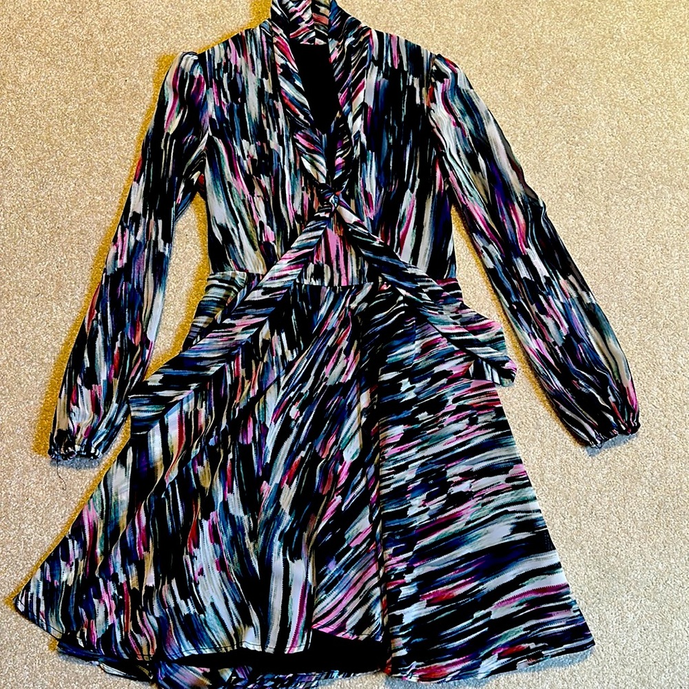 Betsey Johnson Multicolor Tie Neck Long Sleeve Dress Size 4